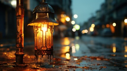 Ornate streetlight glowing in a rainy street