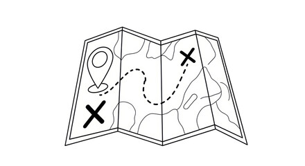 Isolated vintage treasure map illustration, marked trail from start location to destination