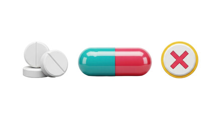 Isolated group of pills and capsule with a red X mark, symbolizing medicine, healthcare and treatment