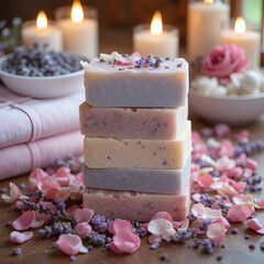 Stack of pastel-colored handmade soaps with lavender and rose petals 