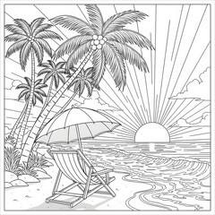 Sunset beach coloring page. Detailed island illustration with a lounge chair and a parasol under palm trees. Peaceful tropical scene at sunset. Great printable activity for adults and kids.