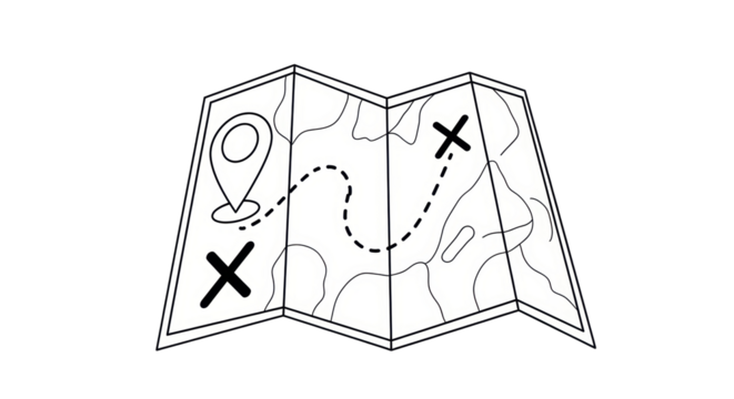 Isolated vintage treasure map illustration, marked trail from start location to destination