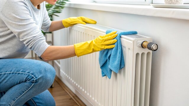 Home scene: a hand cleaning the radiator from dust. Everyday care for order and warmth. Ideal for the themes of cleaning, care and comfort.