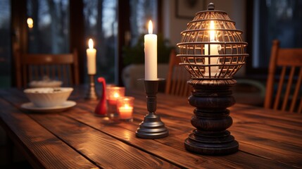 Warm Candlelight Glow on Wooden Table