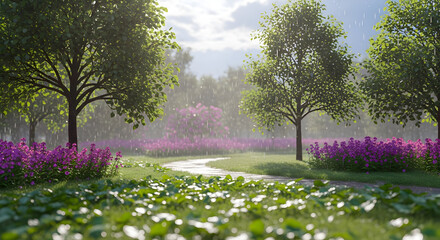 Obraz premium Vibrant Garden Scene with Lush Greenery, Purple Flowers, and Gentle Rain under Sunlight