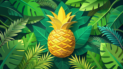 Tropical pineapple in 3D paper cut style, golden fruit with lush green leaves, exotic summer design, decorative poster vector, vibrant paradise vibes, botanical tropical card, jungle inspired 