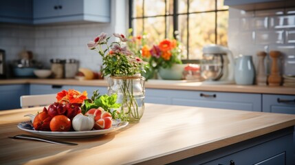 Kitchen island with pumpkins and flowers