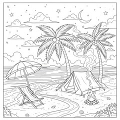 Camping on the beach coloring page. Peaceful tropical scene at night. A tent and campfire next to a lounge chair and an umbrella under a starry sky. Fun activity sheet for adults and kids.