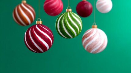 Colorful Swirled Christmas Ornaments Hanging Against Green Background