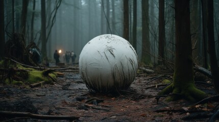 Enigmatic sphere in the misty forest