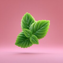 Floating Green Mint Leaves on Pink Background