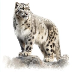 Realistic Snow Leopard Standing on Rocky Cliff Illusration