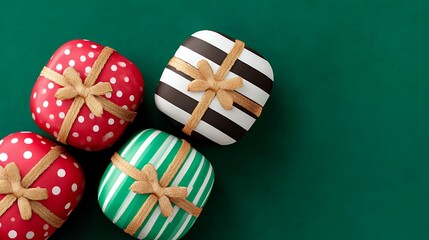 Four Square Gift Boxes with Festive Patterns on Green Background