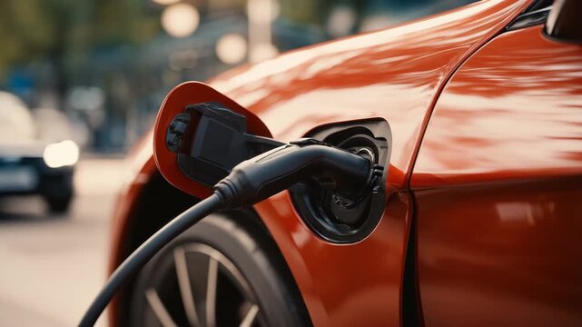 A bright orange electric car is charging at a public station in a busy city. Other vehicles pass by as the sun sets, showcasing modern transportation trends