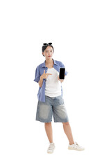 Smart Phone Presentation: A stylish woman confidently presents a smartphone, her expression conveying ease and clarity, ready to communicate and engage with the audience.