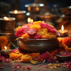 Floral offering amidst glowing candle lights