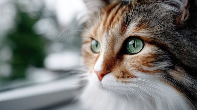Close Up Portrait of a Calico Cat with Striking Green Eyes Looking Out Window in Soft Natural Light