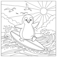 Surfing penguin coloring page. Adorable cartoon animal illustration. A happy penguin riding a surfboard on a wave with a bright sun and seagulls. Fun activity sheet for kids.