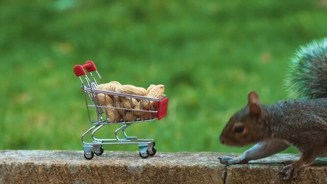 Squirrel eating peanut near shopping cart full of nuts, customer, marketing. Squirrels and wildlife protection composition expressing environmental safety and conservation concept. Rodent chewing nut