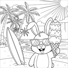 Surfing bunny coloring page. Adorable cartoon rabbit illustration. A cool rabbit in sunglasses holding a big ice cream cone on the beach. Fun summer activity for kids.