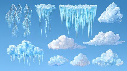 Pixel Art Icicles And Clouds Against A Light Blue Sky