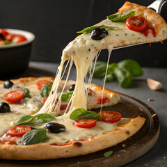Close-up of a slice of pizza being pulled, cheese stretching, topped with fresh basil, tomatoes, and olives.
