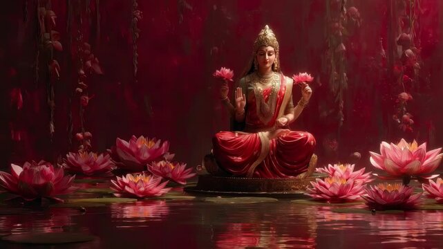 Statue of Goddess Lakshmi surrounded by colorful flowers and floating diyas during festive Diwali celebrations.