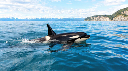Fototapeta premium Orca swimming clear blue water with mountains background, showcasing its dorsal fin and sleek
