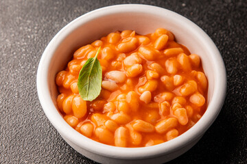 Beans tomato sauce vegetables dish natural product tasty snack fresh delicious gourmet food background on the table rustic top view copy space keto and paleo diet vegan and vegan food