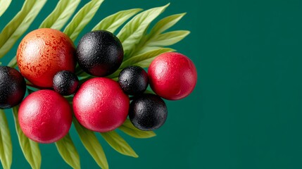 Red And Black Glossy Spheres On Green Leaf