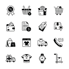 This vibrant collection of flat icons visually represents key elements of ecommerce and retail.