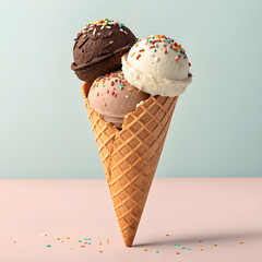 Triple-scoop ice cream in a waffle cone, chocolate and vanilla with sprinkles