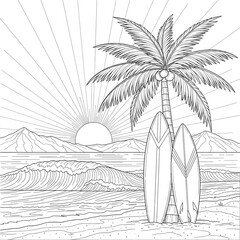 Surfing coloring page. A detailed illustration of two surfboards and a palm tree on the beach. Peaceful sunset or sunrise over the ocean with mountains. Fun activity for kids.