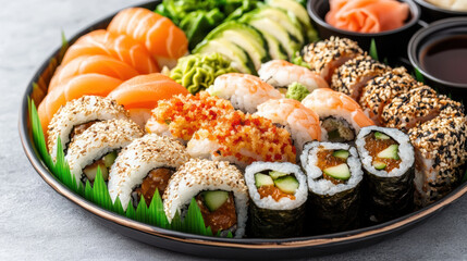 Delicious sushi platter featuring various rolls, sashimi, and fresh ingredients