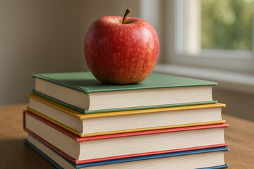 Stack of Textbooks with Apple