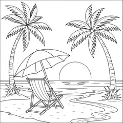 Sunset beach coloring page. A simple illustration with a single lounge chair and a parasol under palm trees. Peaceful vacation scene at sunset. Fun printable activity for adults and kids.