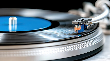 Close up of vinyl turntable spinning record, showcasing high fidelity sound and craftsmanship