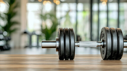 Naklejka premium Close up of dumbbell wooden surface gym, showcasing fitness equipment and strength training