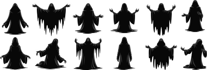 Obraz premium Hooded ghost silhouettes, dark phantom icons, cloaked figure vector set, horror shadow graphics, spooky spirit art, supernatural design pack, haunted symbols