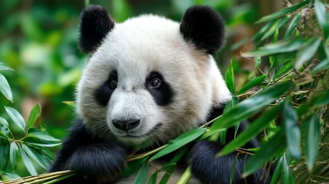 A panda is seen munching on bamboo leaves in its lush, green habitat. The setting is serene with vibrant foliage surrounding the gentle giant as it enjoys its meal