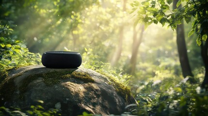 Elegant matte black Bluetooth speaker on a rock in a serene sunlit forest.