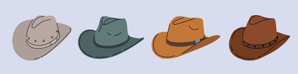 Cowboy hats set. Sort of headgears. Wild west headwear. Western American head accessories. Flat modern vector illustrations collection.