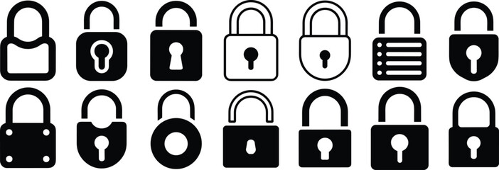 Padlock silhouette icons, security vector set, lock and key graphics, privacy protection symbols, safety design pack, password illustration, secure access art