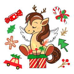 Cute christmas horse with gift boxe. Vector illustration isolated zodiac animals. Chinese symbol 2026 year