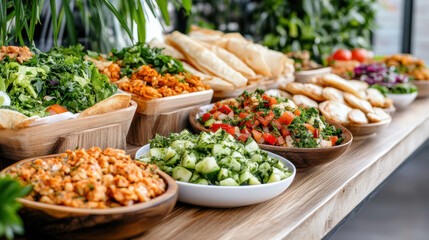 Fresh salad, colorful vegetables, global cuisine, buffet spread, vibrant dishes