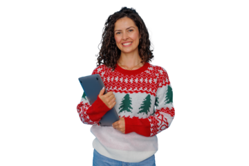 Happy woman wearing christmas sweater with laptop, celebrating winter holidays and traditions, transparent background