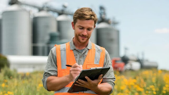 A man in an orange safety vest stands in a field filled with wildflowers. He holds a clipboard and writes observations while looking towards the silos in the background