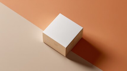 A minimalistic wooden box rests on a soft peach and cream background, showcasing contemporary design with natural textures and soothing colors