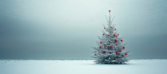 Beautifully decorated Christmas tree with red baubles in a serene winter snow landscape scene.
