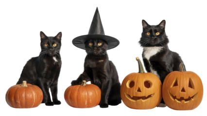 Black cats and carved pumpkins create a spooky Halloween celebration mood
